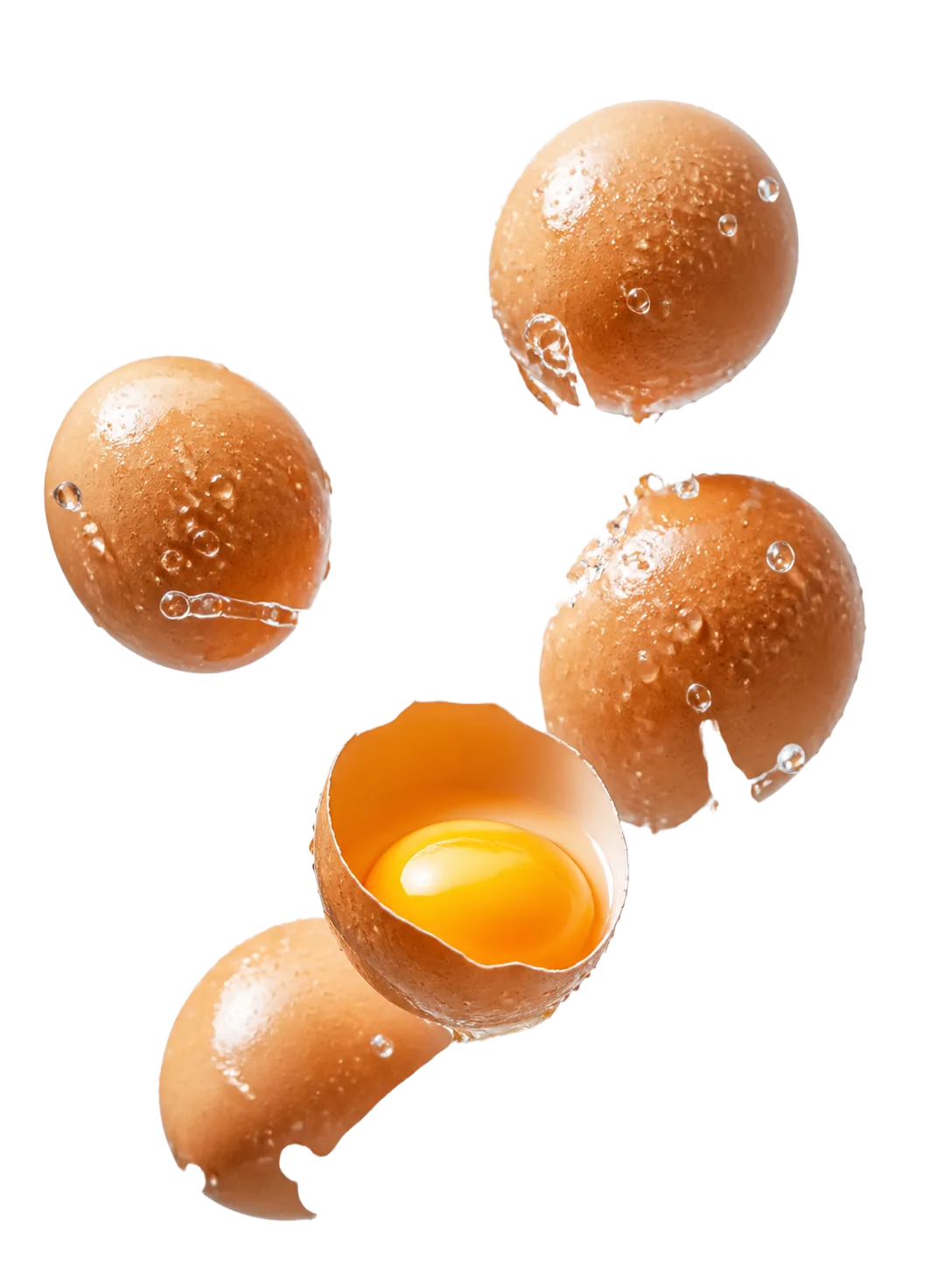 Frische braune Eier vom Hof, eines aufgeschlagen mit goldenem Dotter